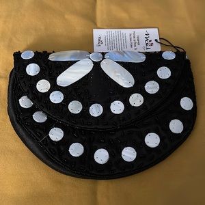 Black floral Mad pouch. Handmade Mother of Pearl